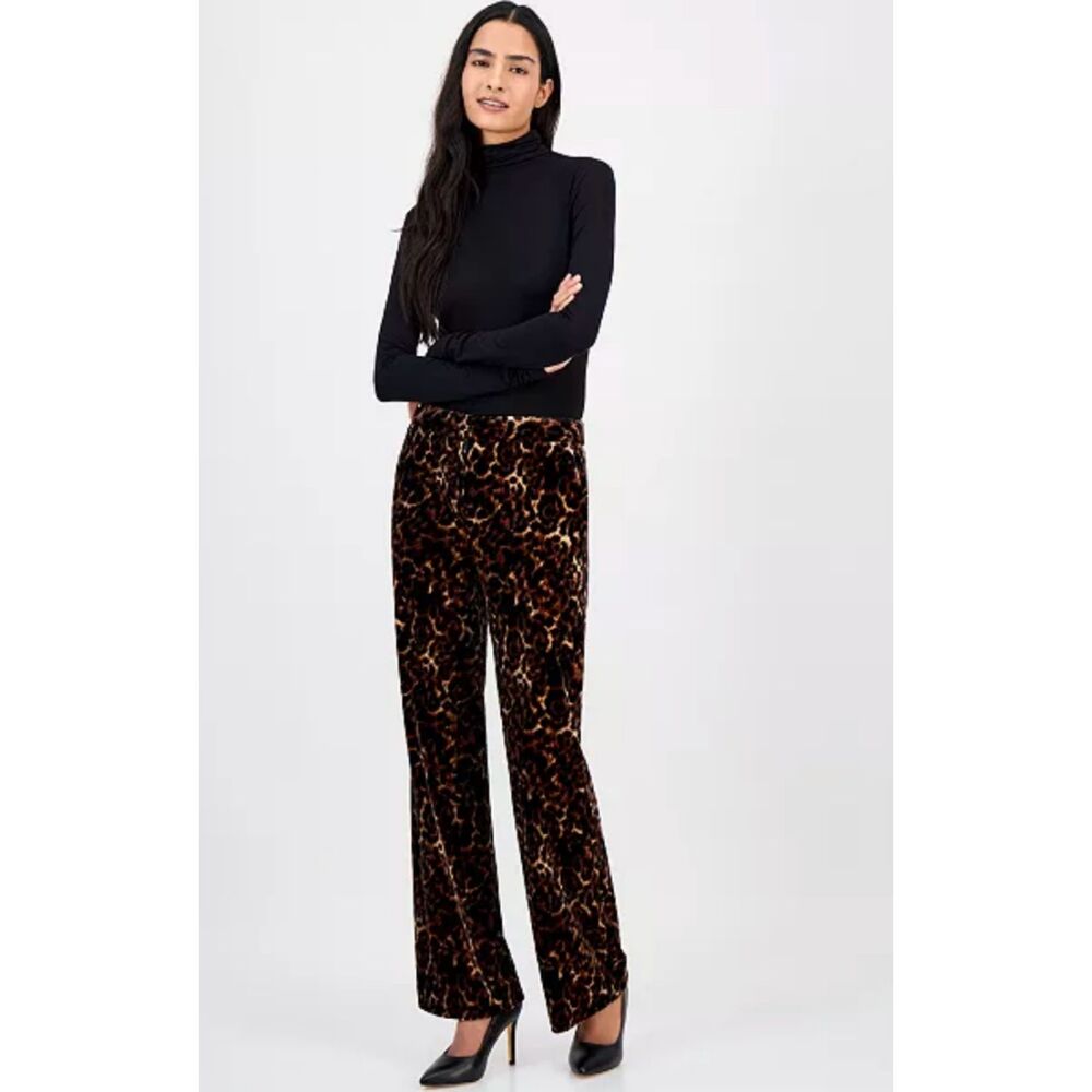 Anne Klein Velvet Brown Leopard Mid Rise Flare Trousers size 4 PETITE